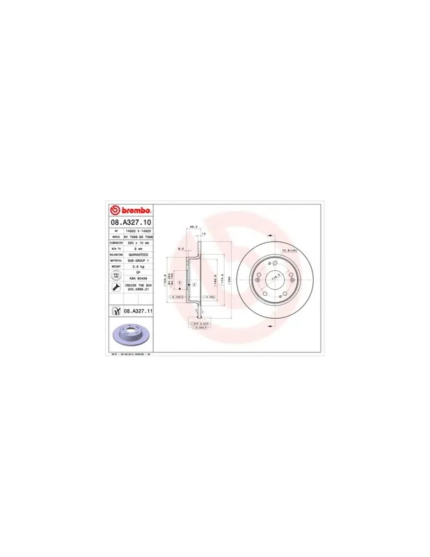 Precio De Fábrica DISCO DE FRENO 2 UNID. X CAJA 08.A327.10 BREMBO - HONDA ACCORD EURO VIII (CL) - Eje trasero