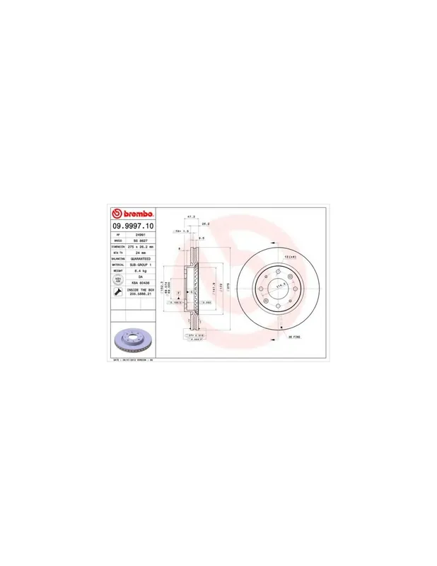 DISCO DE FRENO 2 UNID. X CAJA 09.9997.10 BREMBO - KIA SPECTRA Sedán (LD) - Eje delantero Favorito De Clientes